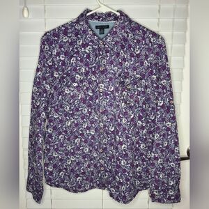 Tommy Hilfiger Women's Blouse Size XL Purple White Floral Button-down Long Sl